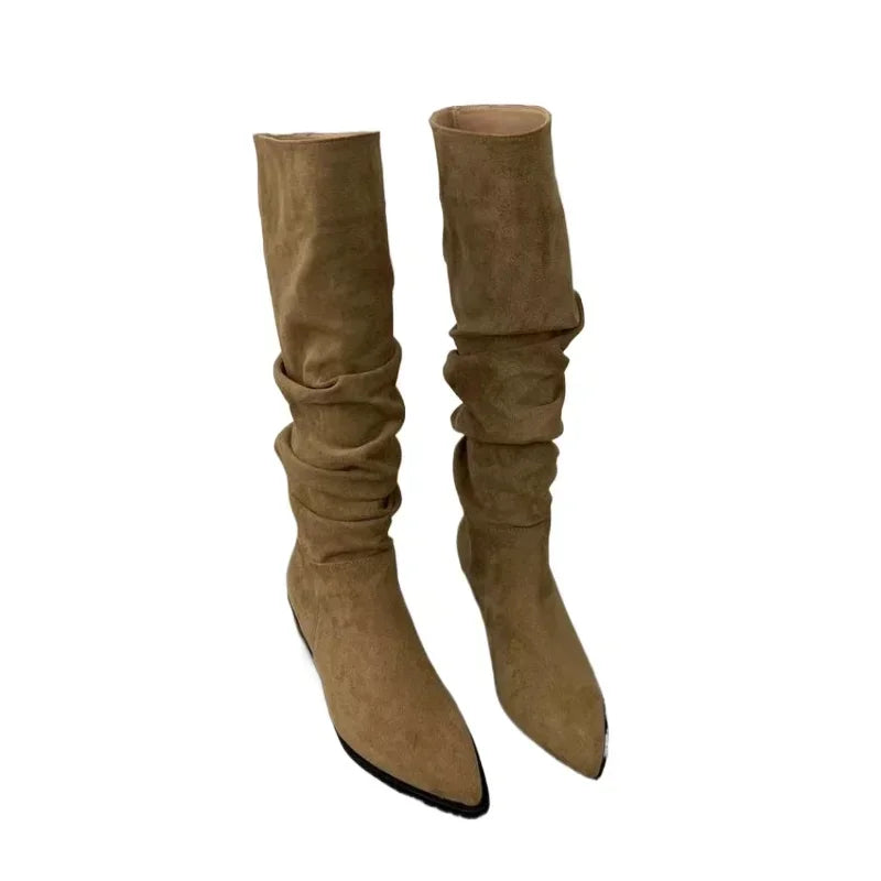 Women Knee High Boots Autumn Winter Female Shoes Fashion Female Slip-on Folds Low Heel Round Toe Flat Long Boots