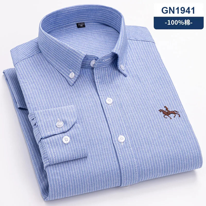 100% Pure Cotton Men's Long Sleeve Shirt Business Casual Solid Color Embroidered Oxford Spun Shirt
