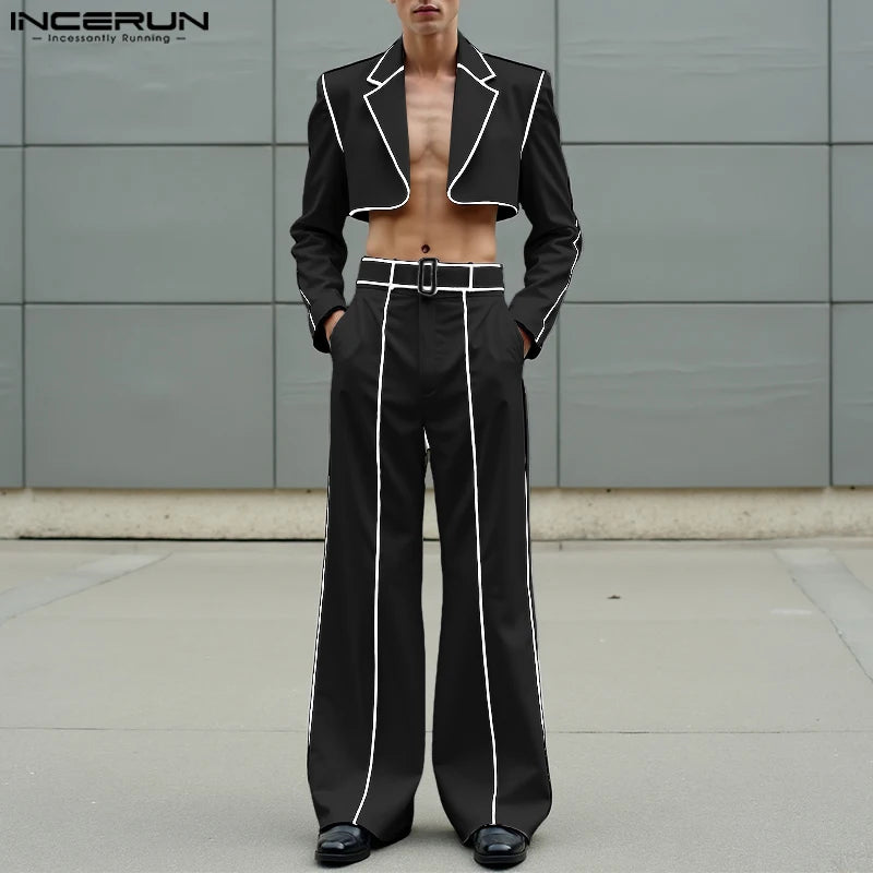 INCERUN Men Sets Patchwork Autumn 2025 Lapel Long Sleeve Crop Blazer & Pants Two Pieces Sets Streetwear Loose Fashion Men Suits