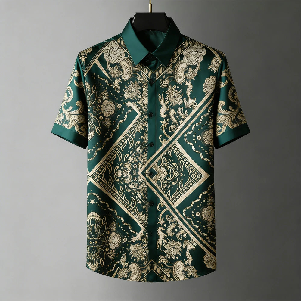 Fashion Men's Retro Soft Short Sleeve Shirt Gold Pattern Natural 3D Printed Shirt Men's Clothing Casual Party Tops