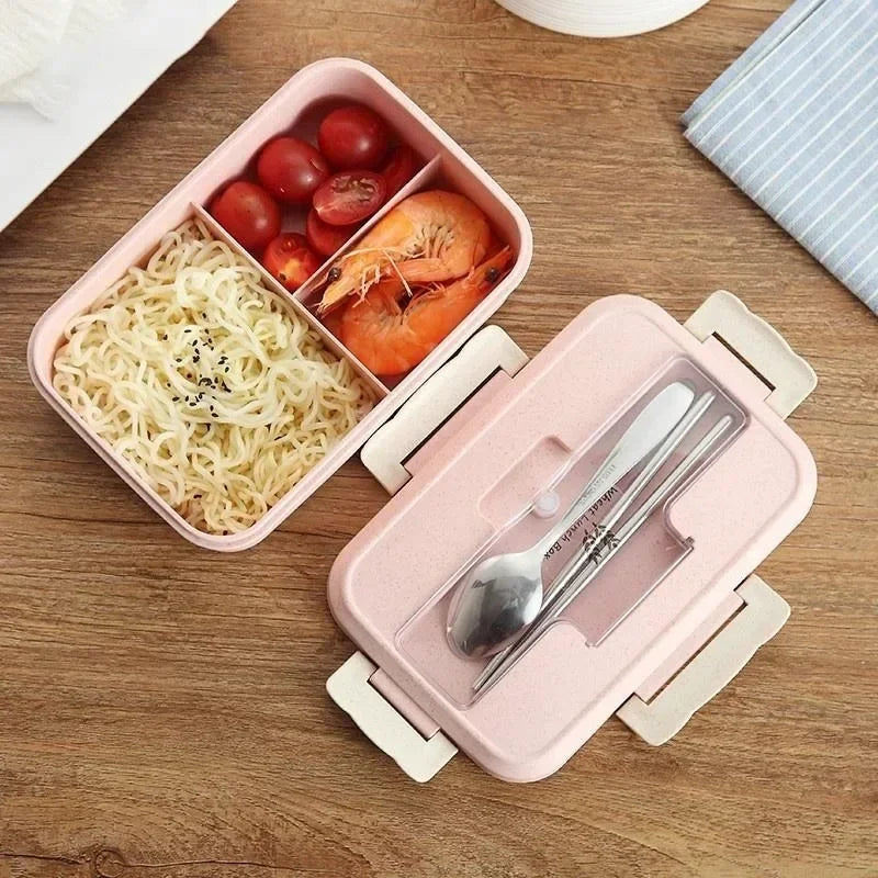 Microwave Lunch Box for Children Portable School Office Bento Box with Tableware Spoons Chopsticks Wheat Straw Food Box