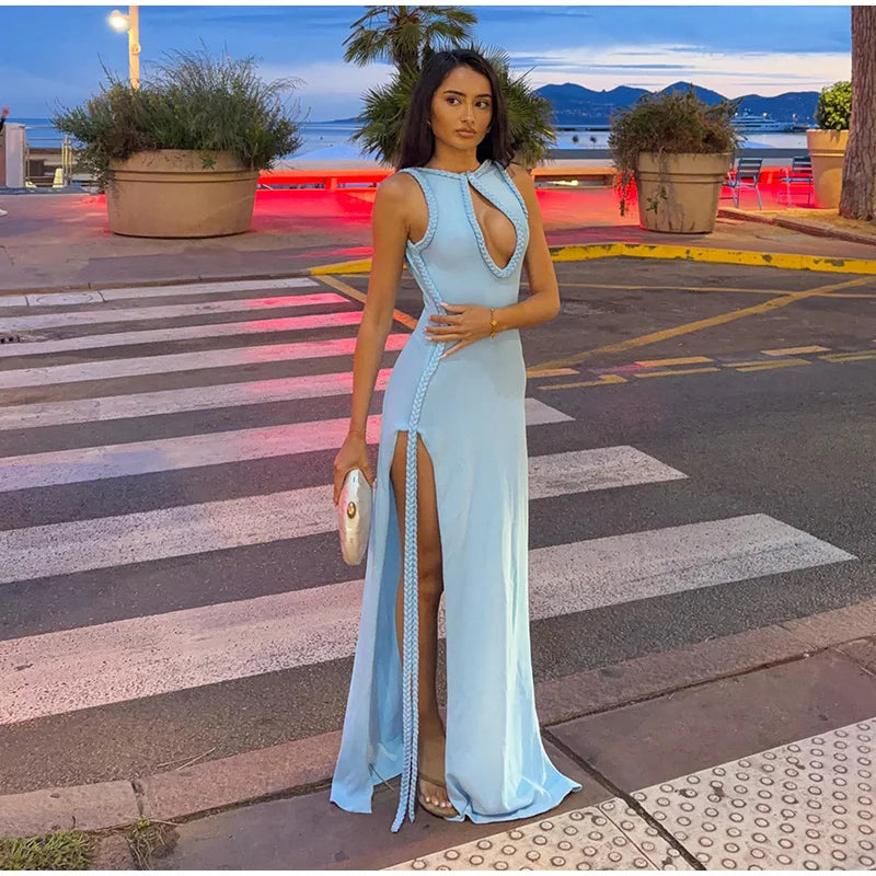 Women Solid Braided Trim Cutout Maxi Dress Sleeveless High Slit Bodycon Fit Gown 2026 Summer Elegant Evening Formal Party Outfit