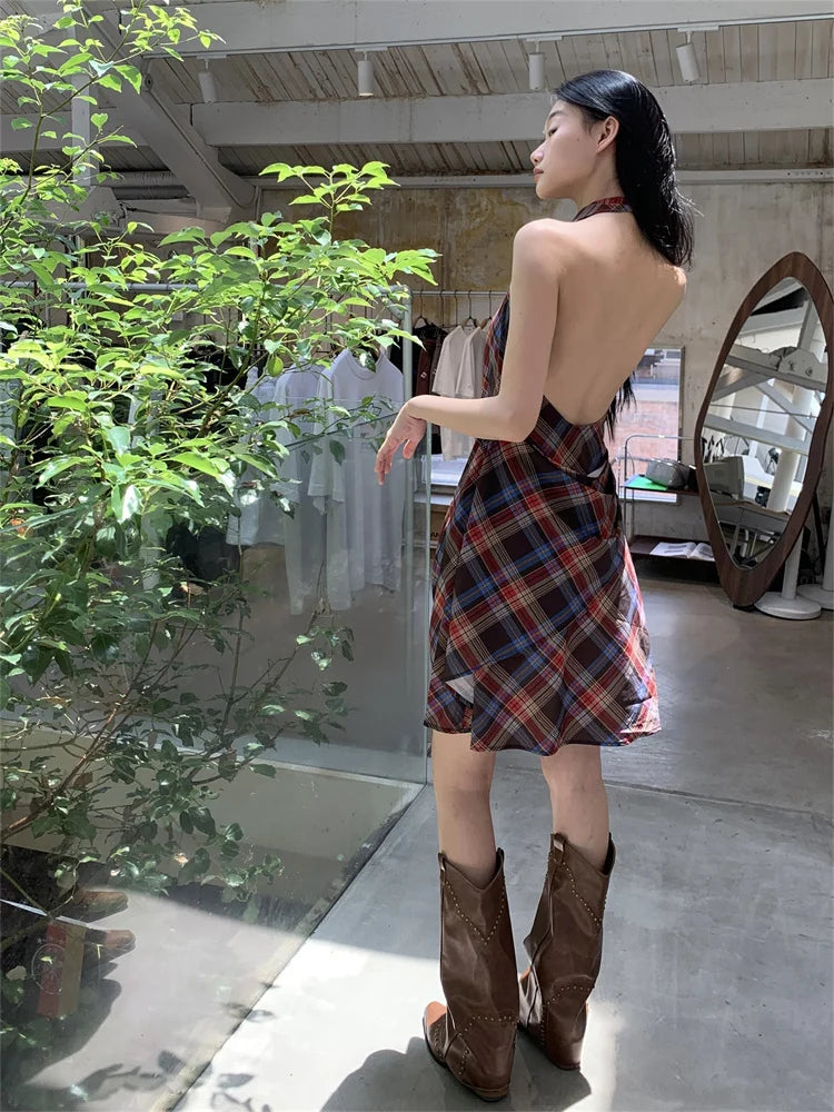 CHEERART Cowls Backless Plaid Summer Halter Dress Women 2025 Designer Vintage Sleeveless Ruched Mini Dress Clothes