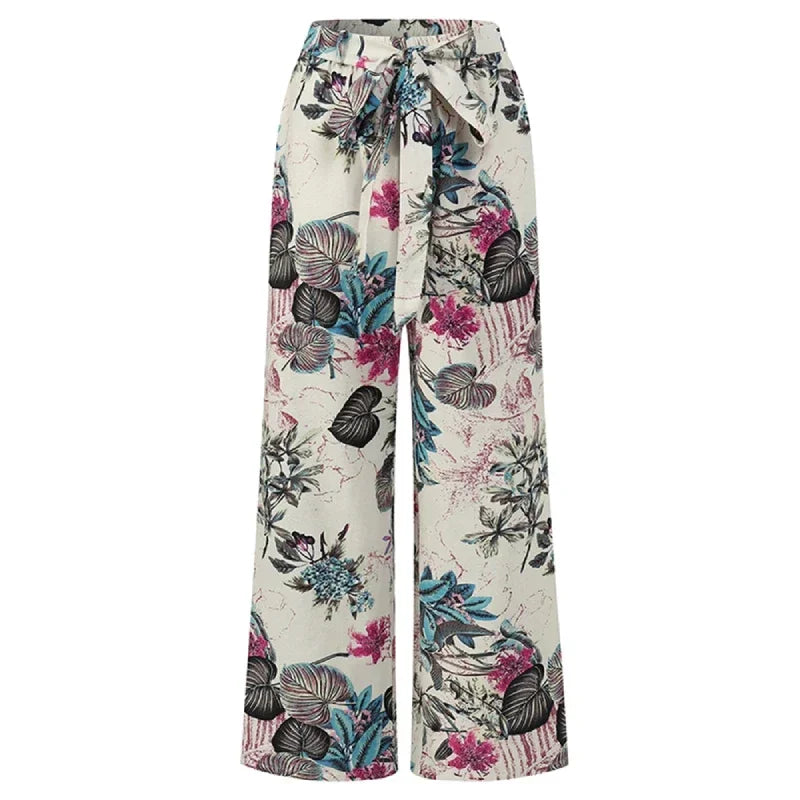 High Waist Drawstring Straight Women Pants 2024 Spring Fashion Loose Trousers Vintage Printed Casual Ladies Wide-Leg Long Pant