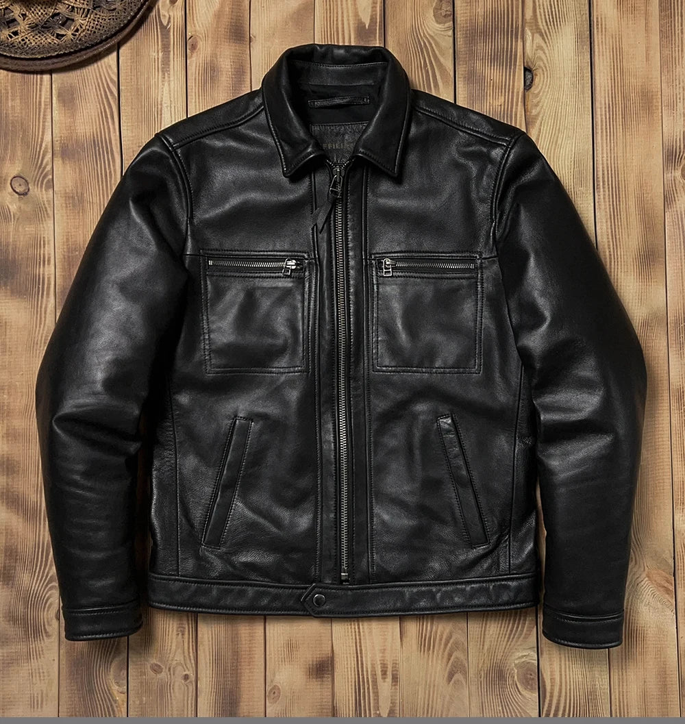 Black Autumn Leather Jacket Men Smart Casual Style Plus Size 5XL Genuine Natural Sheepskin Turn-Down Collar Leather Coat