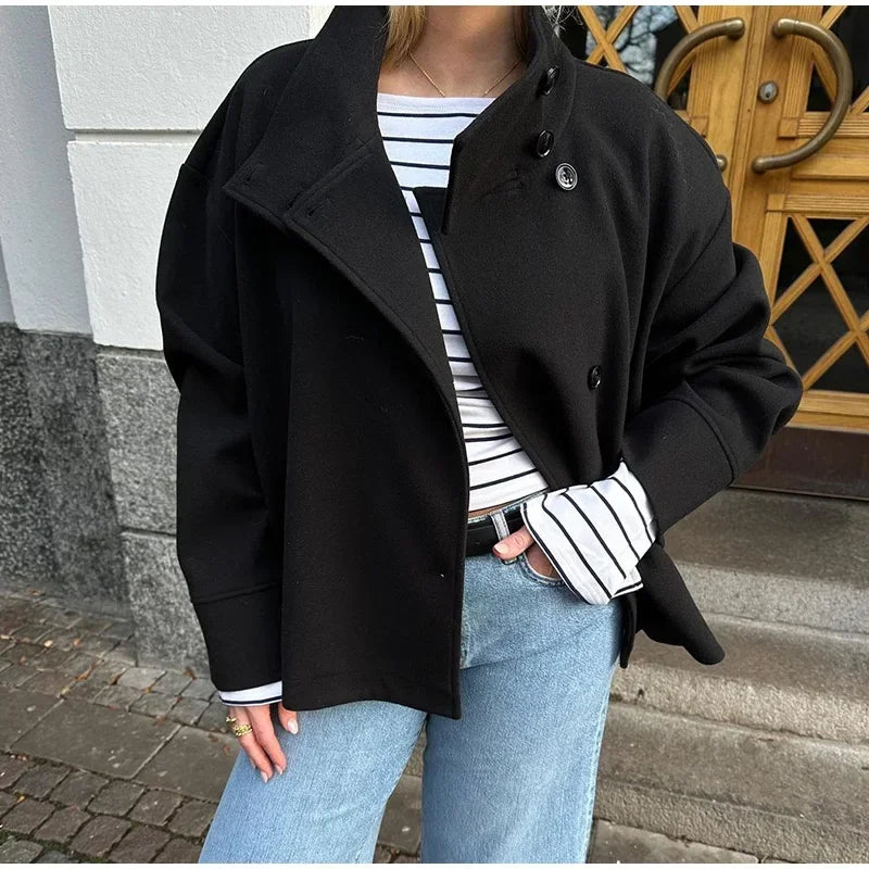 2026Double Breasted Wool Short Coat Women Lapel Short Blazer Jacket With Pockets Long Sleeve Chic Early Autumn Chic Streetwear