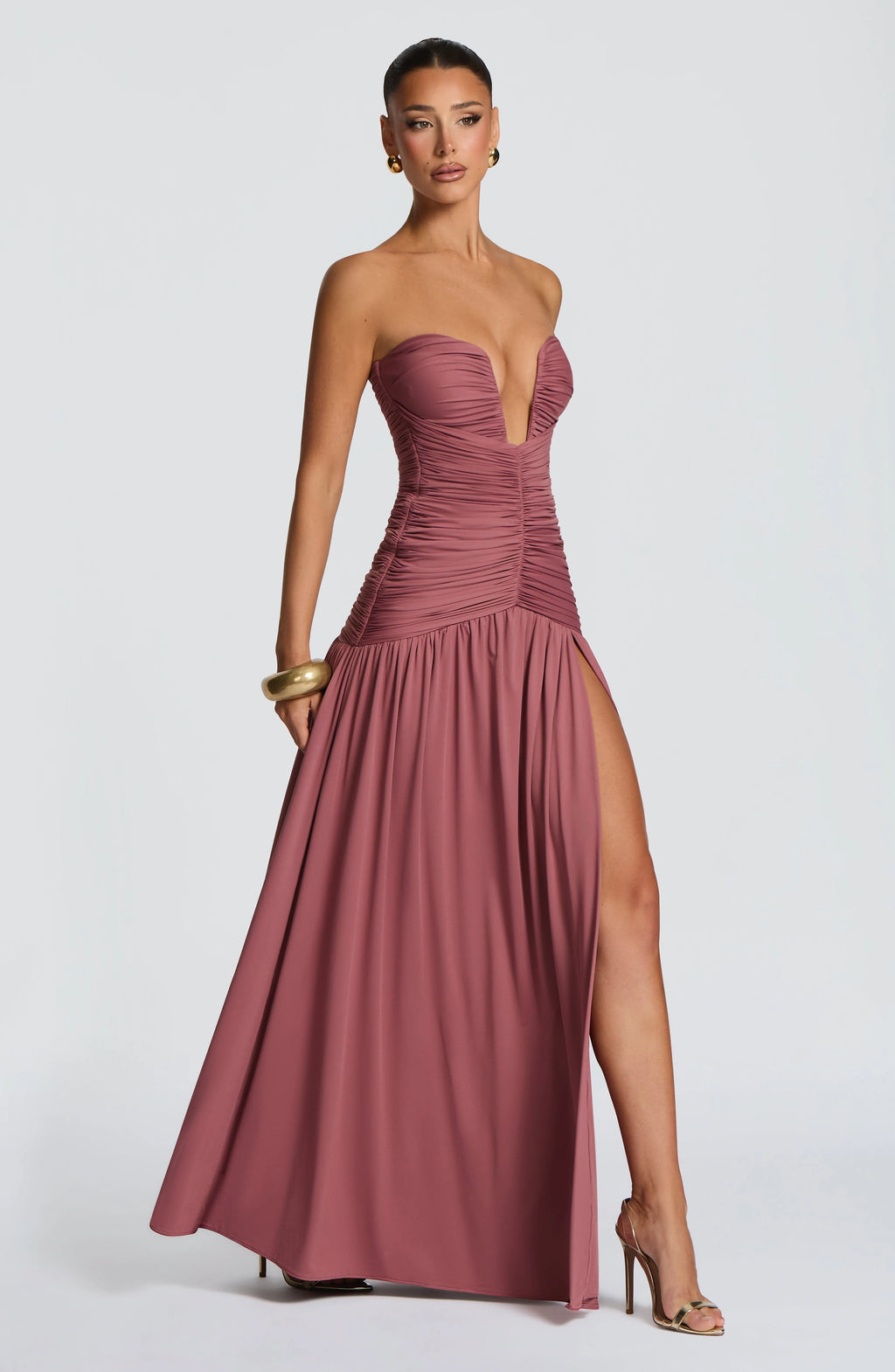 Strapless Deep V Ruched Maxi Dress High Split Formal Evening Gown Women Wedding Guest Party Long Dresses
