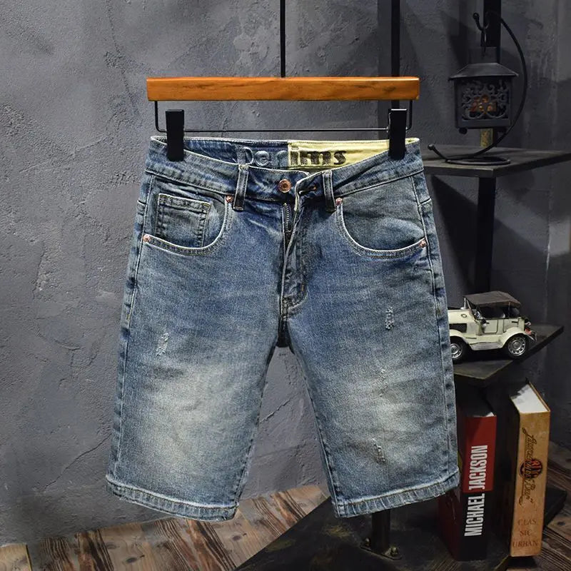 Blue Old Retro Summer Men's Denim Medium Pants Embroidered Scratches Washed Versatile Elastic Shorts Cargo Half Pants Jeans