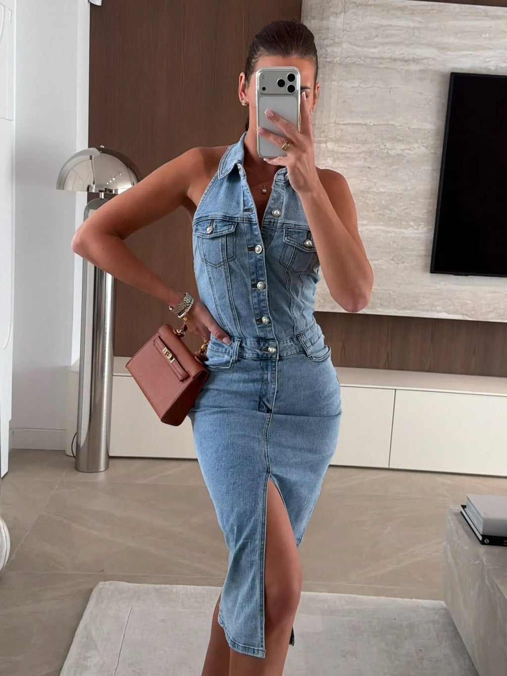 Summer Trend Women's Single-Breasted Lapel Sleeveless Waist Cinched A-Line Denim Dress Fashionable Casual Style