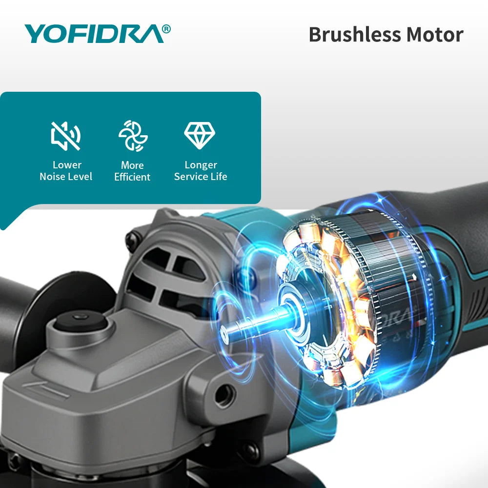 YOFIDRA 125mm Brushless Angle Grinder 3 Gears Cordless Grinding Machine Cutting Woodworking Power Tool For Makita Battery Pin