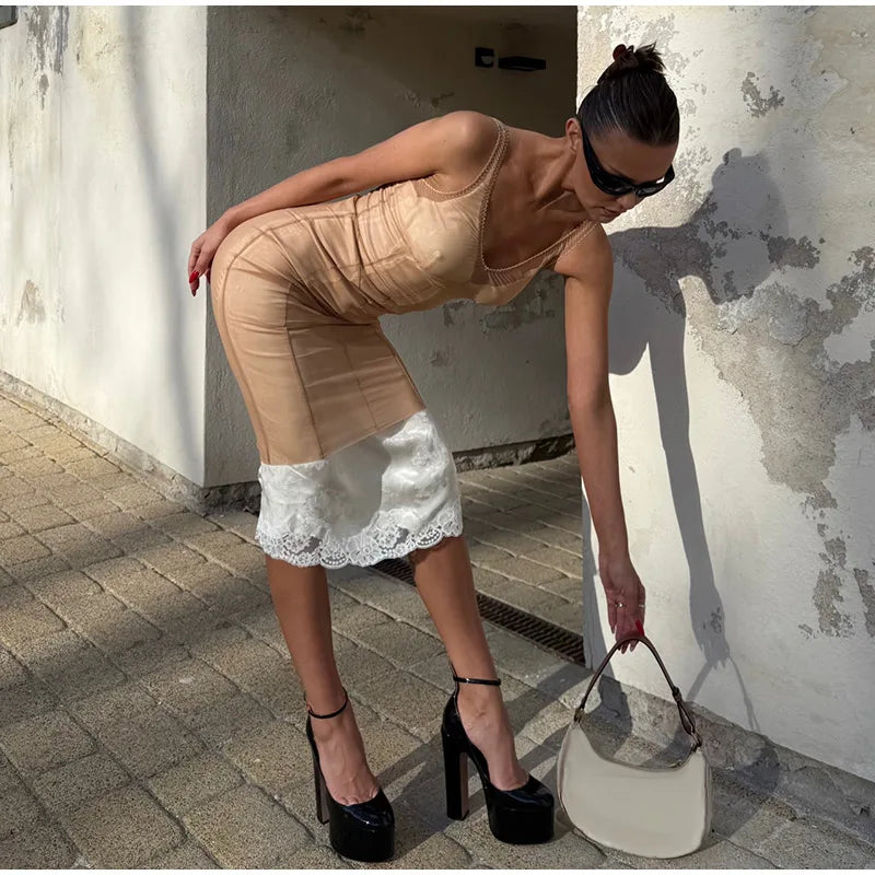 Sheer Mesh Overlay Spaghetti Strap Midi Dress Waist Cinched Sleeveless 2026 Summer Women Accessories Trendy Classy Lady Outfit