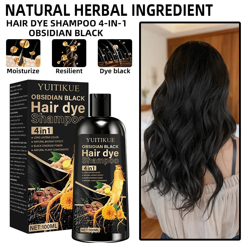 Obsidian Black Hair Dye Shampoo 100ml - 4-in-1 Plant Formula, Covers Gray Hair with Natural Color, Dense Bubbles, Lasting Color