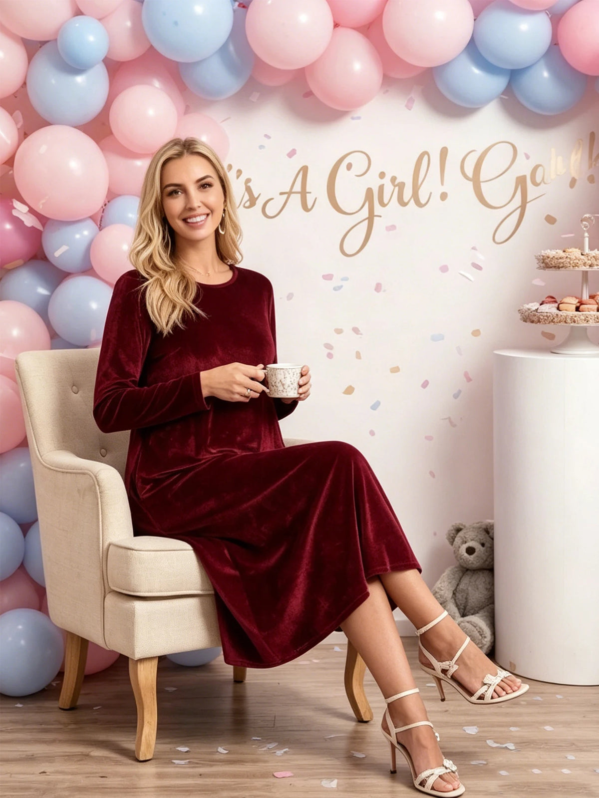 Maternity Autumn Winter Golden Velvet Pocket Long Sleeve Dress Formal Party Gala Long Dress Burgundy Maternity