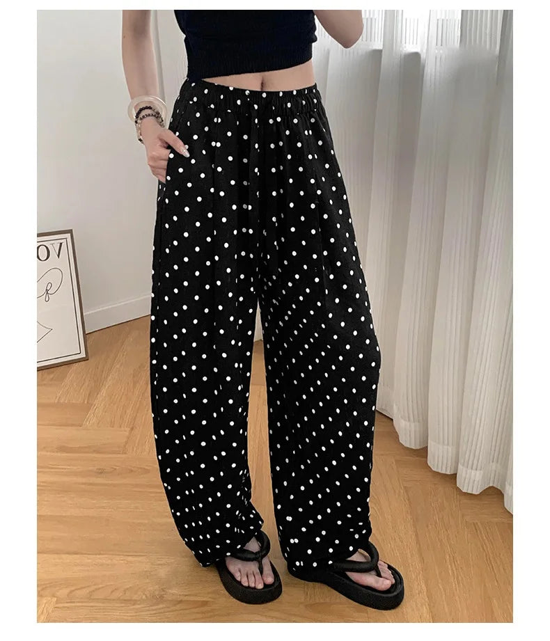 Polka Dot Cotton Linen Pants White Women Wide Leg Summer Spring Baggy Trousers For Woman High  Waist Linen Loose Pants Women