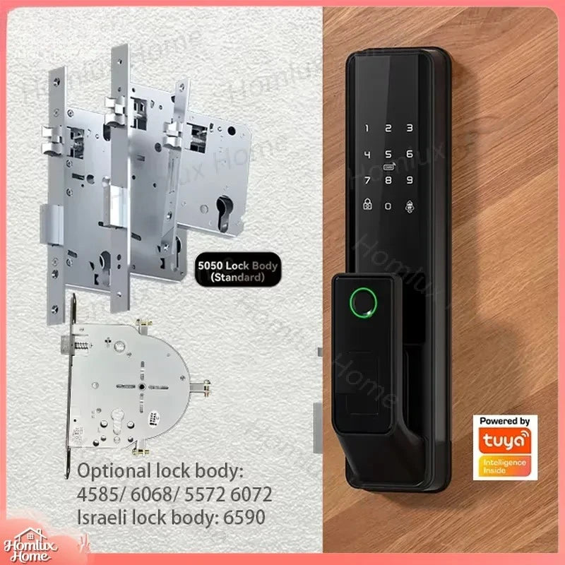 Tuya WiFi Fingerprint Doorbell Smart Door Lock with Push Pull Mechanism Aluminum Alloy 5050 Pin Code Keyless Lock