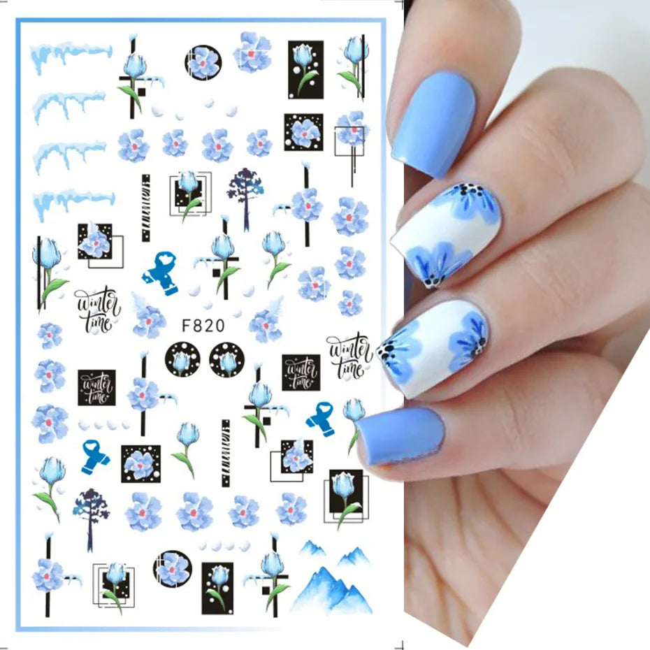Autumn and Winter Blue Landscape Lines Flowers Birds Butterfly 3D Stickers Nail Art Decals Nail Parts Christmas Nail Stickers