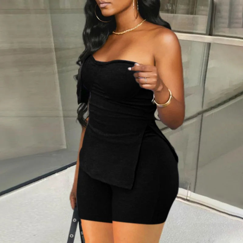 Sexy Solid Slim Suit For Women Fashion Strapless Side Split Top Elastic Waist Package Hip Shorts Two Piece Set 2026 Summer New