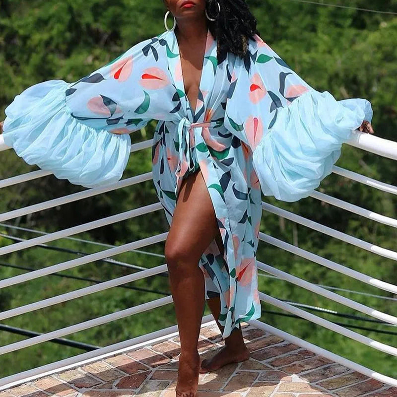 Spring Autumn New Women's Coats Fashion Irregular Lantern Sleeve Loose Cardigans Elegant Pattern Printed Beach Cover-up Outwear