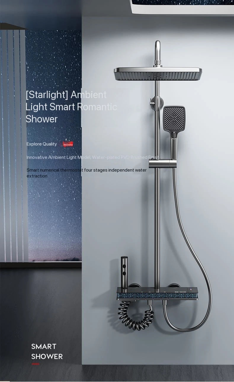 Gray Piano Button Ambient Light Bathroom Shower Full Set Digital Display Shower System Sets Rain Faucets Shower Head