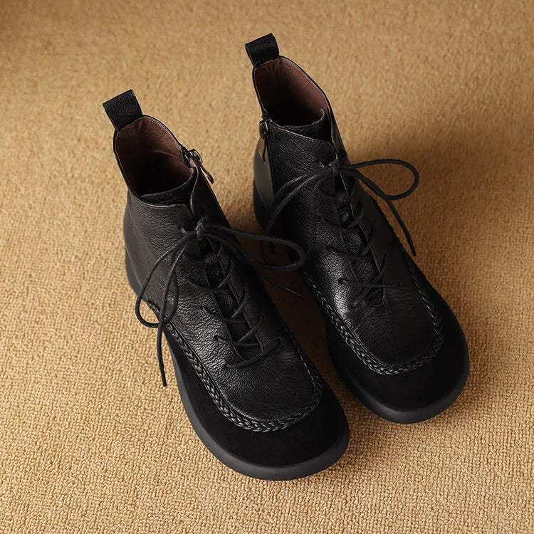 New Autumn Winter Genuine Leather Women Boots Fashion Lace Ankle Boot for Women Short Boots Shoes Chunky Heel Botines Mujer