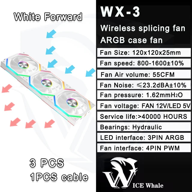 ICE Whale WX-3 Wire-Splicing PC Case Cooling Fan 3PIN ARGB Mirror Cycle Light Effect 800-1600RPM PWM Water Cooling Cooler Fan