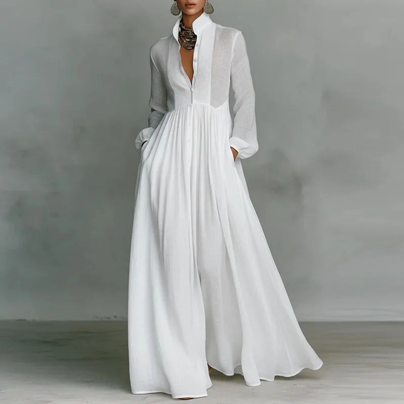 French Elegant High Waist Swing Long Dress Woman Spring Solid Pockets Pleated Maxi Dress Autumn Long Sleeve Button Evening Dress