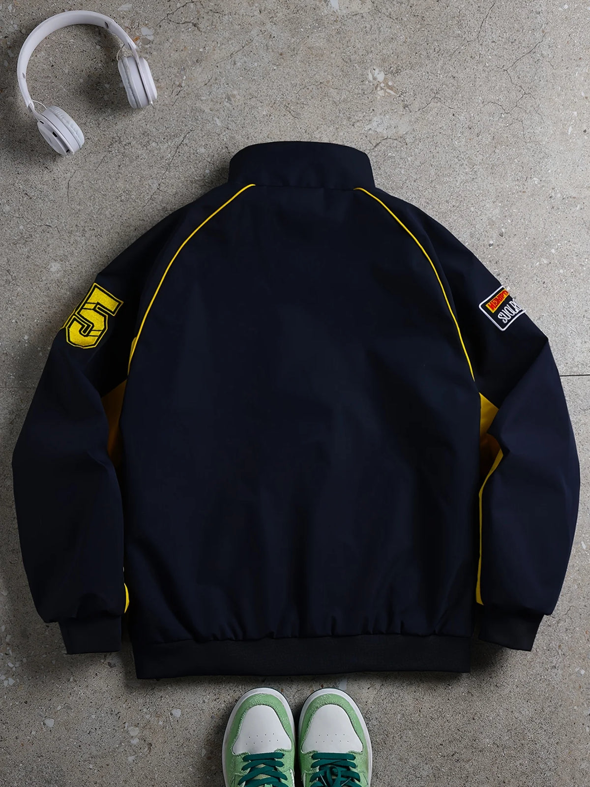 Men's American Street Retro Color Block Stand Collar Jacket Zip Up Loose Trendy Letter Print Fashion Casual Streetwear Coat