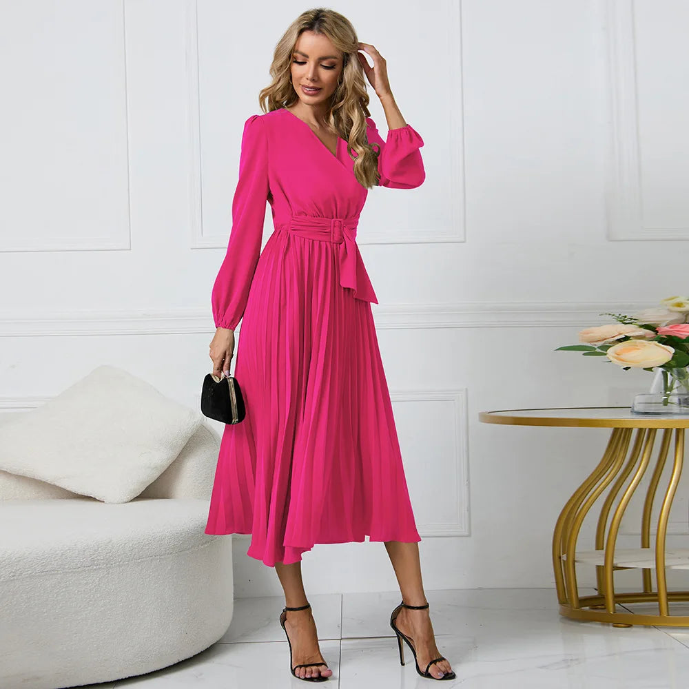 Elegant Women's Green Chiffon Autumn/Winter Long Sleeve Slim Fit Pleated Dress Fashion Women's V-neck Belt Party Dresses S-2XL