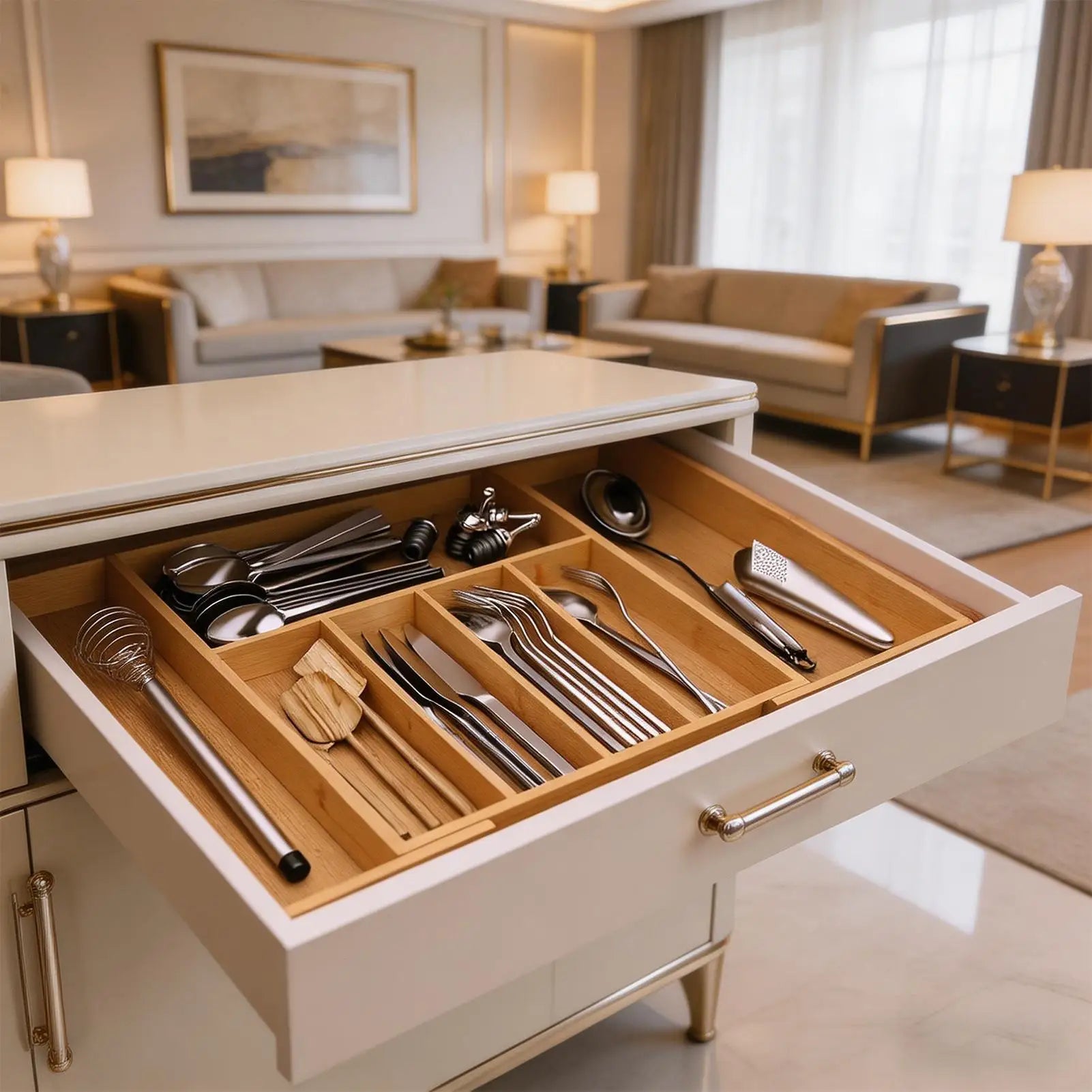 Adjustable Cutlery Tray Drawer Organizer Wooden Divider Organizer Drawer Storage Rack Cutlery Rack For Home Kitchen Restaurant