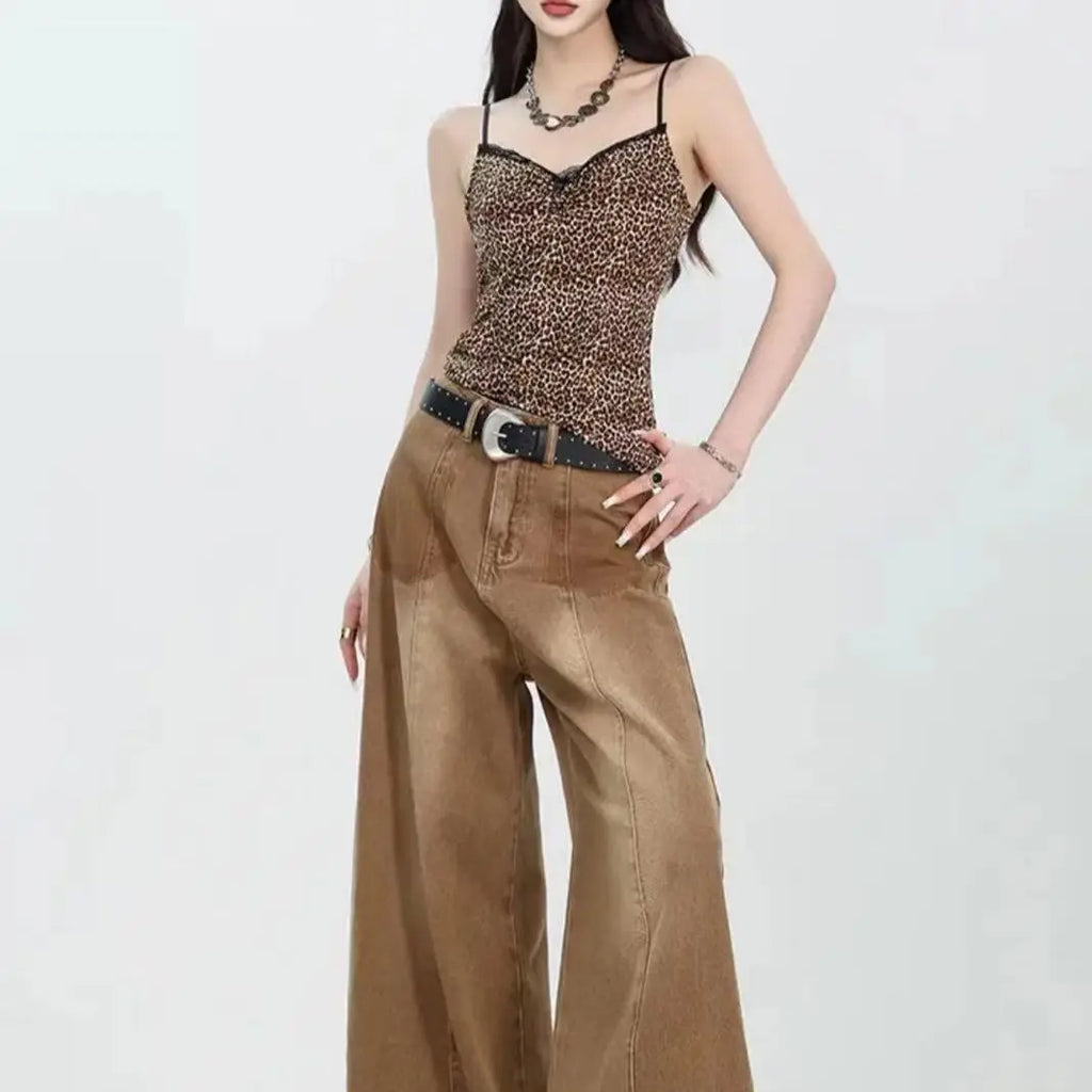 New Denim Jeans with Washed Design, High Waist Slimming, Retro Loose Straight Leg, Floor Hugging, Wide Legs