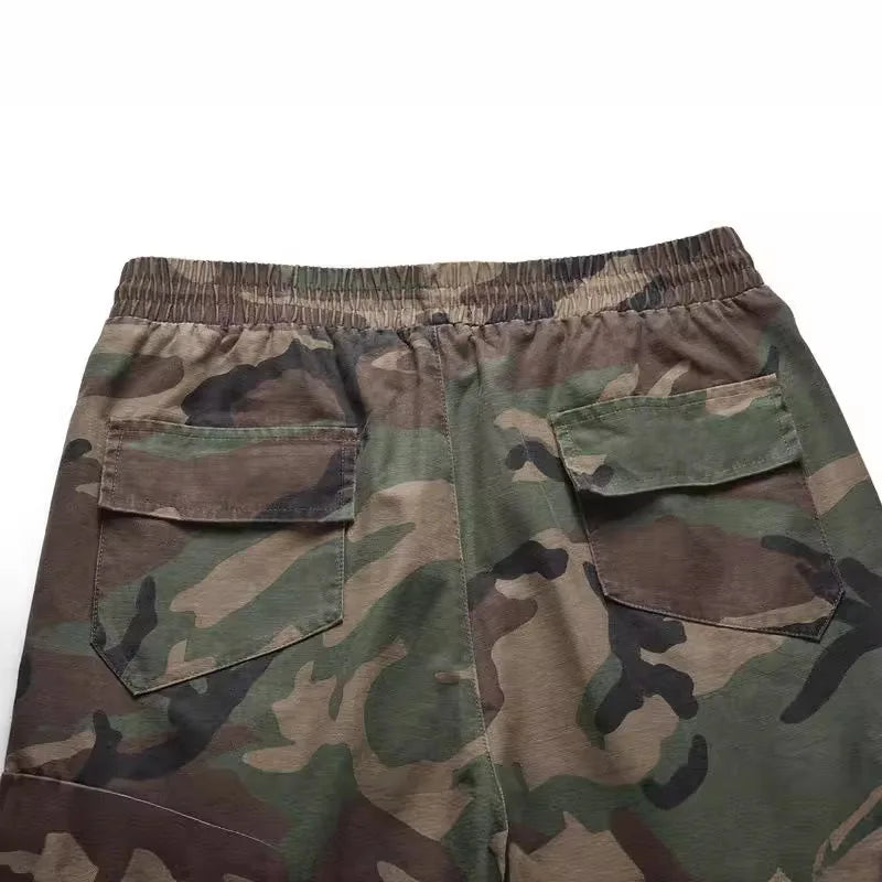 2025 New High Street Trend Drawstring Tie Waist Washed Vintage Casual Camouflage Multi Pocket Cargo Shorts