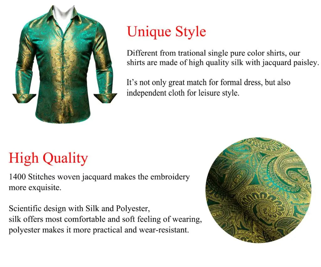 Gold Paisley Bright Shirts Men Autumn Long Sleeve Casual Flower Shirts For Men Designer Fit Dress Shirts BCY-07