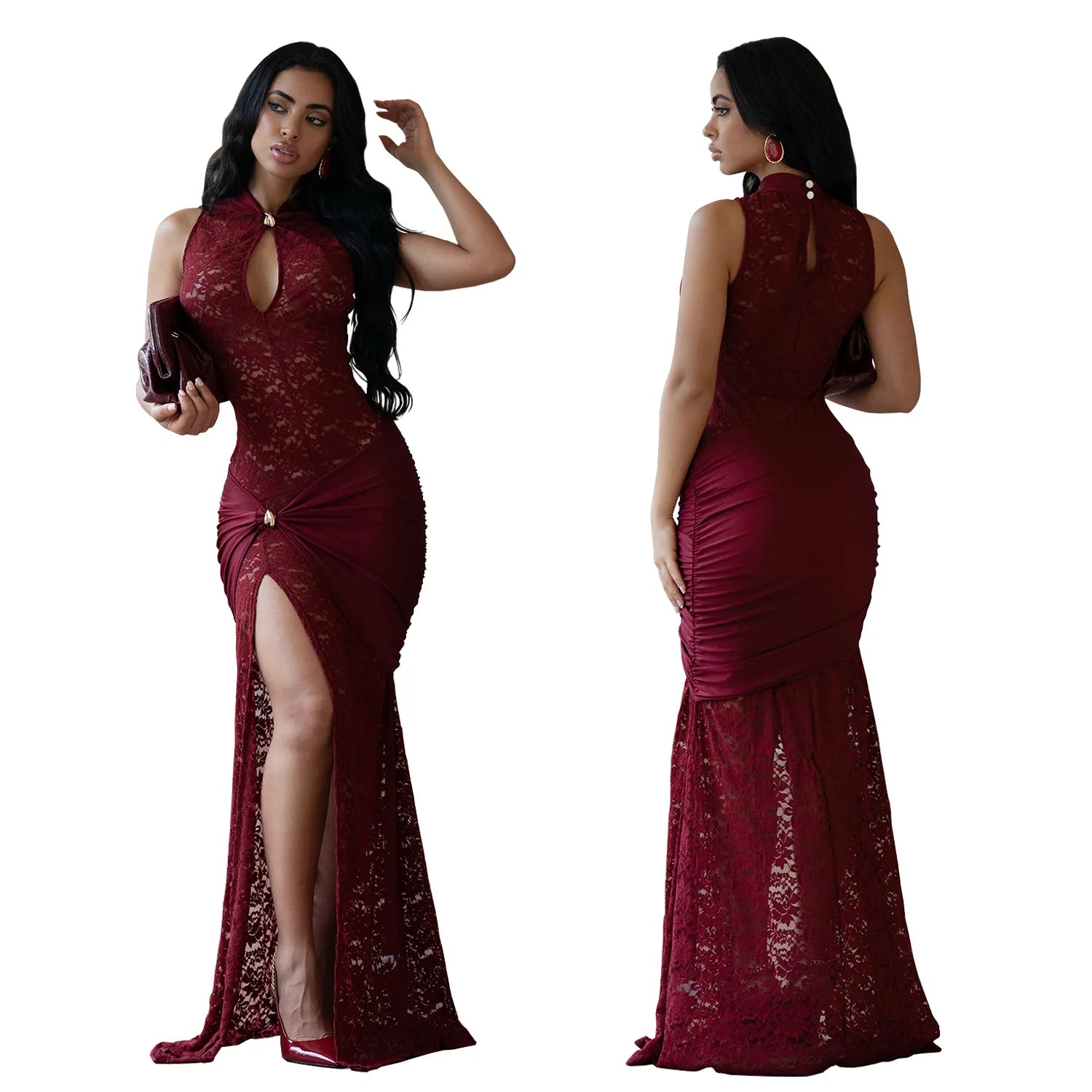 Sexy Women Lace Hollow Out Sleeveless Ruched High Split Maxi Long Dress 2026 Party Trendy Birthday Vacation Beach Dresses