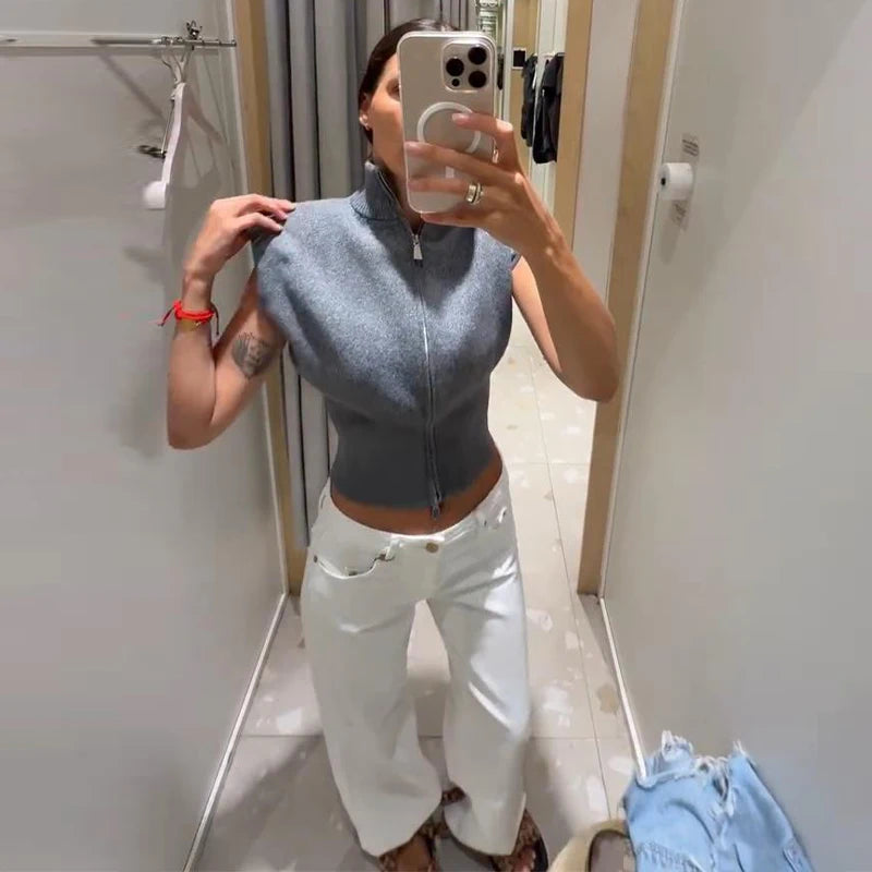 Women's Knitwear Half Turtleneck Double Zipper Knitted Vest Autumn Female Sleeveless Waist Cinching Solid Slim Cardigan New Tops