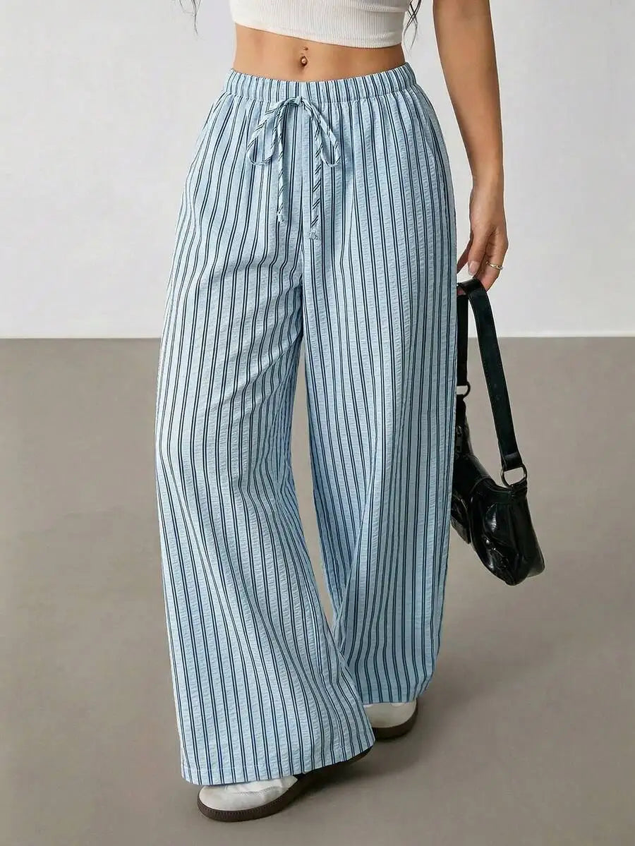 Women's Casual Striped Wide-Leg Pants   Summer Commute Fashion Drawstring Elastic Waist  Versatile Relaxed Straight Leg Trousers