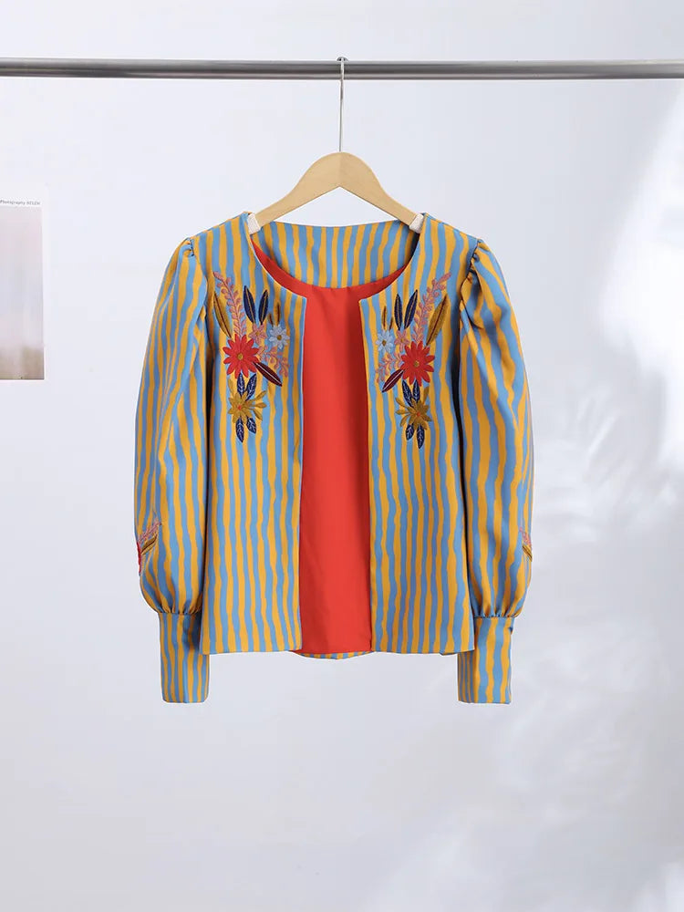 Fashion Striped Flower Embroidered Jacket Round Neck Long Sleeve Loose Coat Casual 2026 Early Autumn New Daily Ladies Clothing
