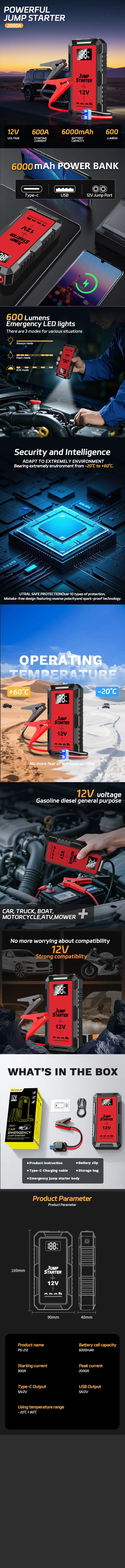 Jump Starter Power Bank 2000A /1000A Portable Car Battery Starter For 12V Car Emergency Booster Starter Starting Device