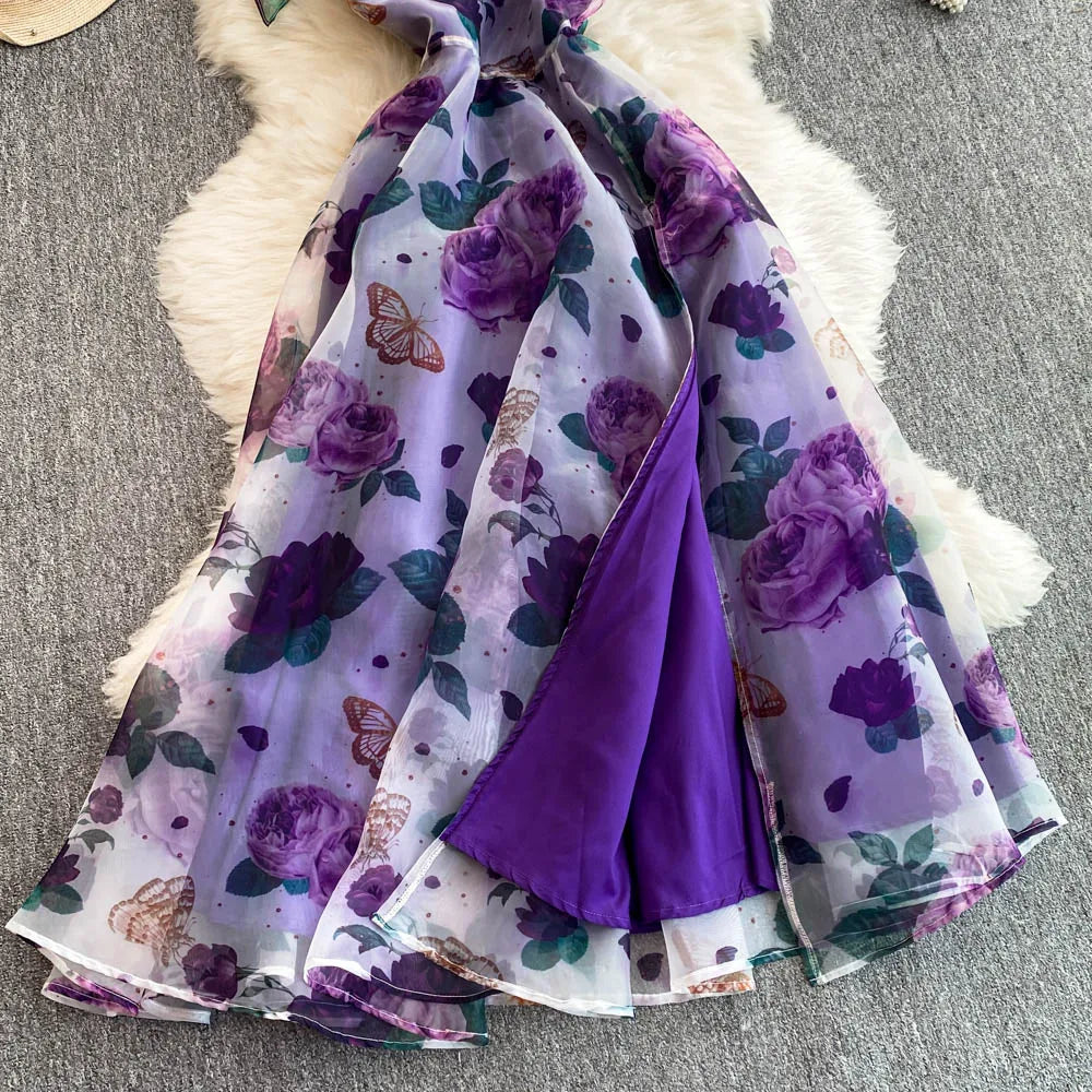 Spring Floral Series Holiday Dr Women's Summer High Waist Slim Fit Sexy Strapl Midi Length Belted Gown Korean Sle