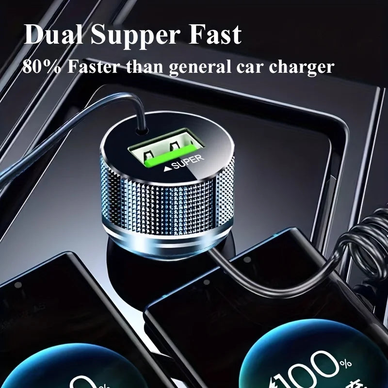 Metal USB C Car Charger with Spring Cable Super Fast Charging Adapter 12V for iPhone 15 14 13 Samsung OPPO VIVO Huawei Oneplus