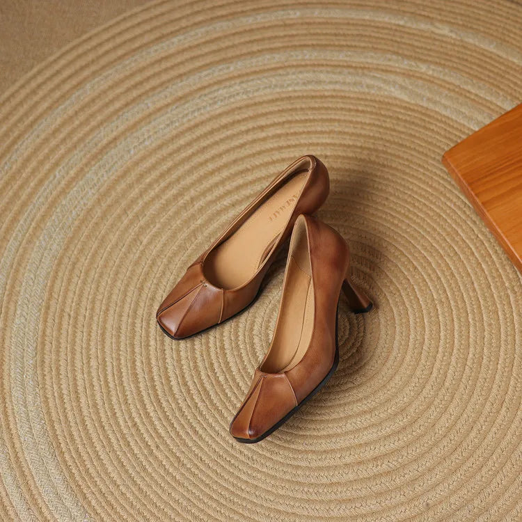 NEW Spring/Autumn Women Pumps Genuine Leather Shoes for Women Square Toe Thin Heel Shoes Concise Shallow High Heel Pleated Shoes