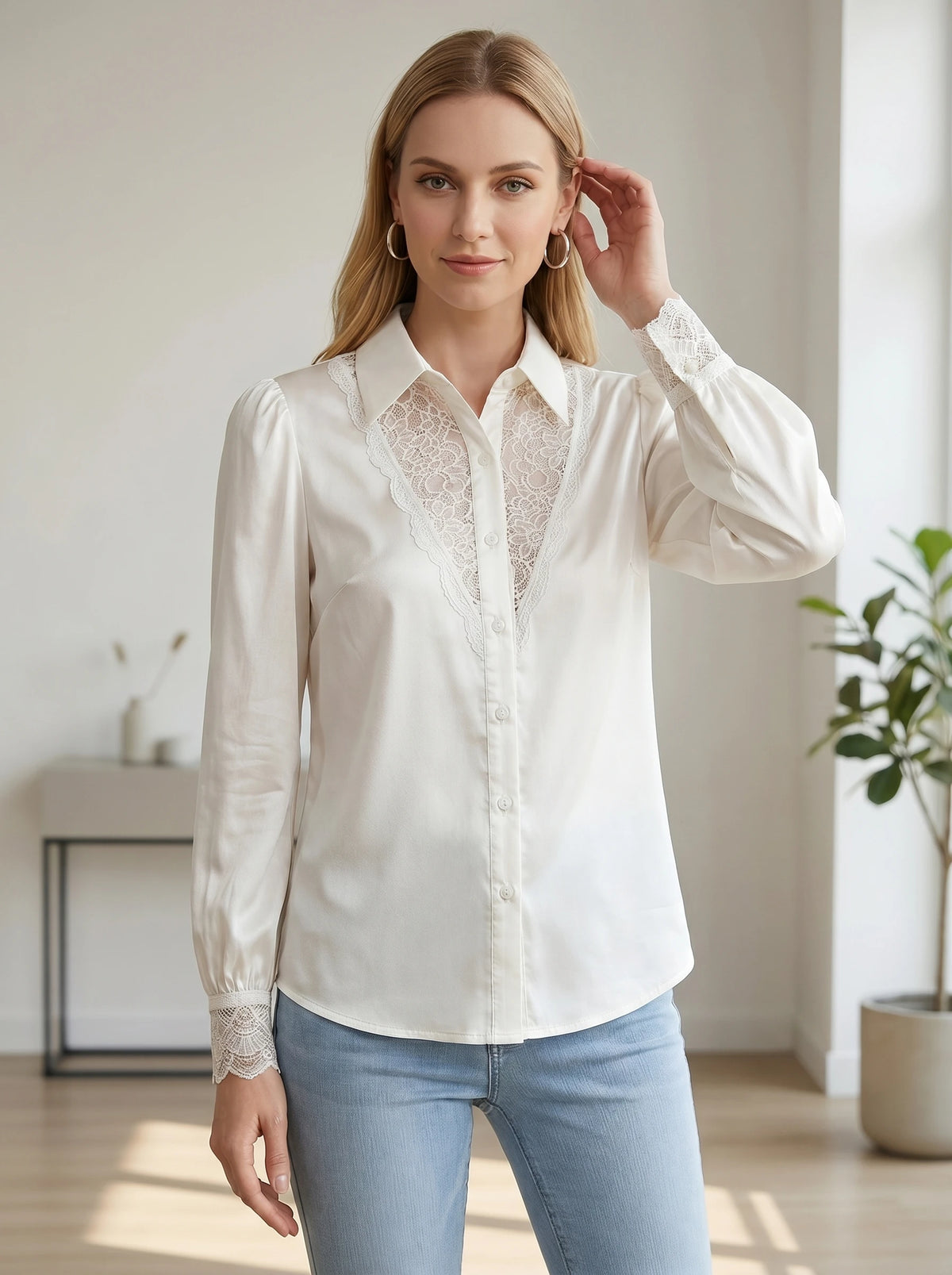 Gadinus Plus Size Women’s Satin Lace Trim Button-Up Blouse Elegant Long Sleeve Puff Cuff Shirt Regular Fit Office Chic Top