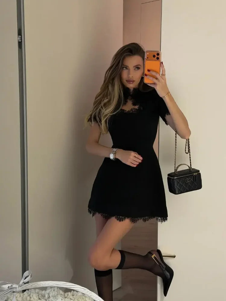 Black Lace Trim Hollow Out Mini Dress Women A-line Turtleneck Waist Cinched Short Sleeve Vestidos 2026 Lady Daily Party Gown