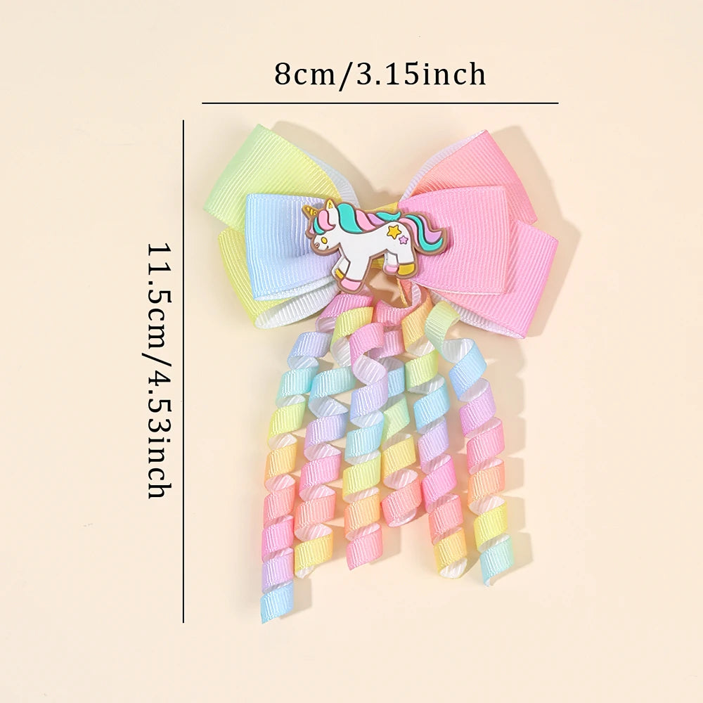2Pcs Rainbow Unicorn Hair Clip Cute Curly Ribbon Tassel Magical Bow Hairpin For Kids Girls Party Daily Use Headwear Accessories