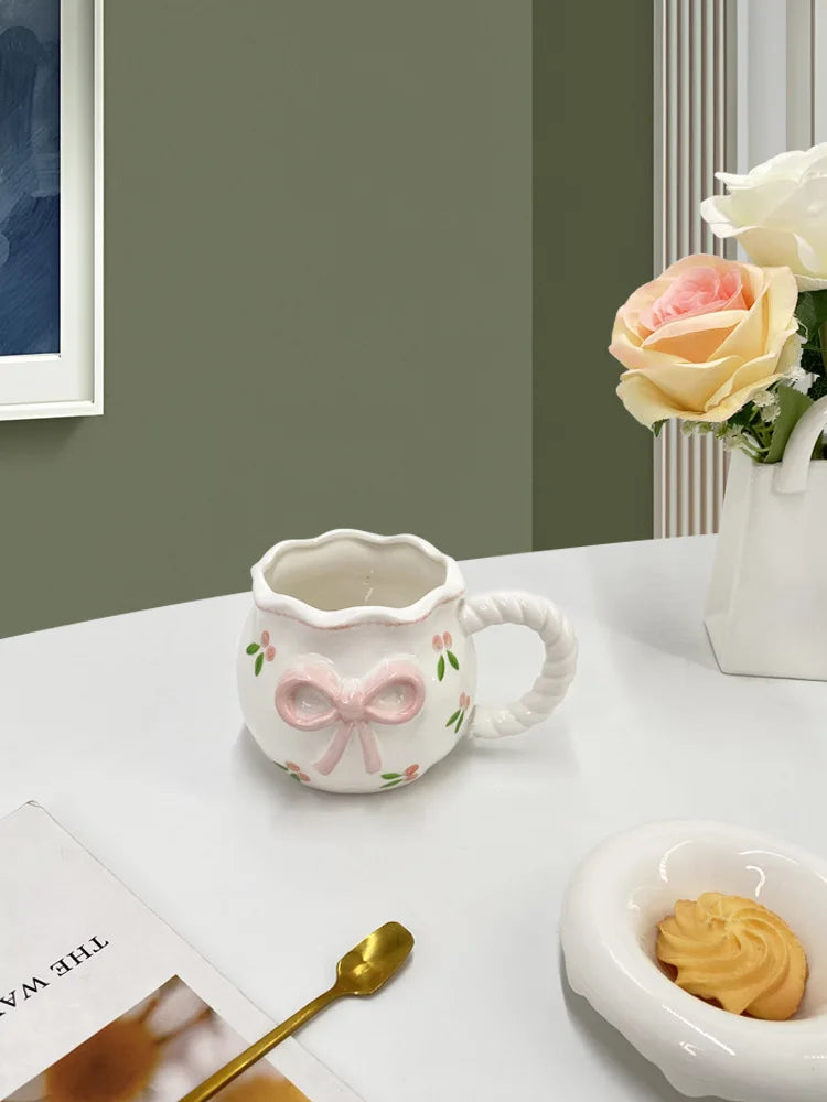 Bow Ceramic Coffee Cup Cute Handmade Ins Style Mug Drinking Water Afternoon Tea Gift Decoration Summer Dopamine Girlfriend Gift
