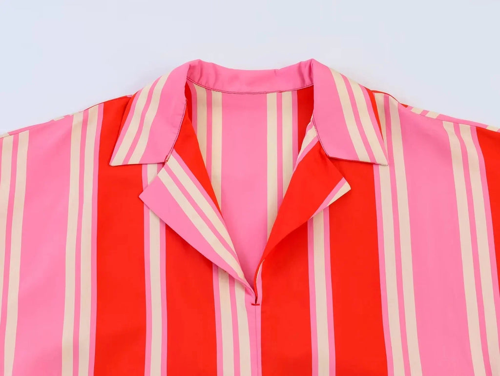 BSAY 2026 Women's Striped 2-Piece Outfit Short Sleeve Shirt Top + Elastic Waist Wide Leg Pants Set Casual Summer Matching Sets
