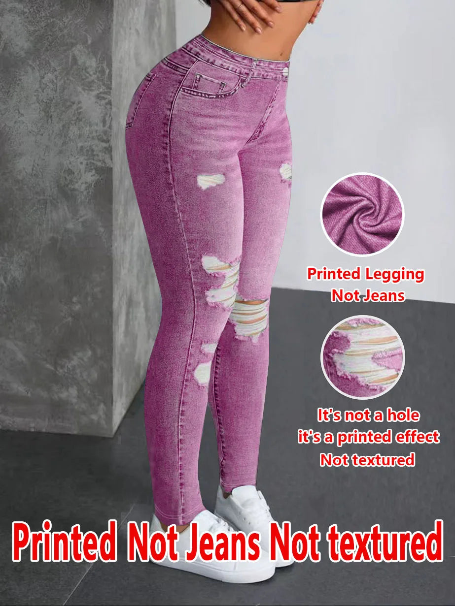1278 [Printed Pants - Not Denim Fabric] Women's High-Stretch Imitation Denim Distressed Oversized Pants - Wide-Look for Skinny