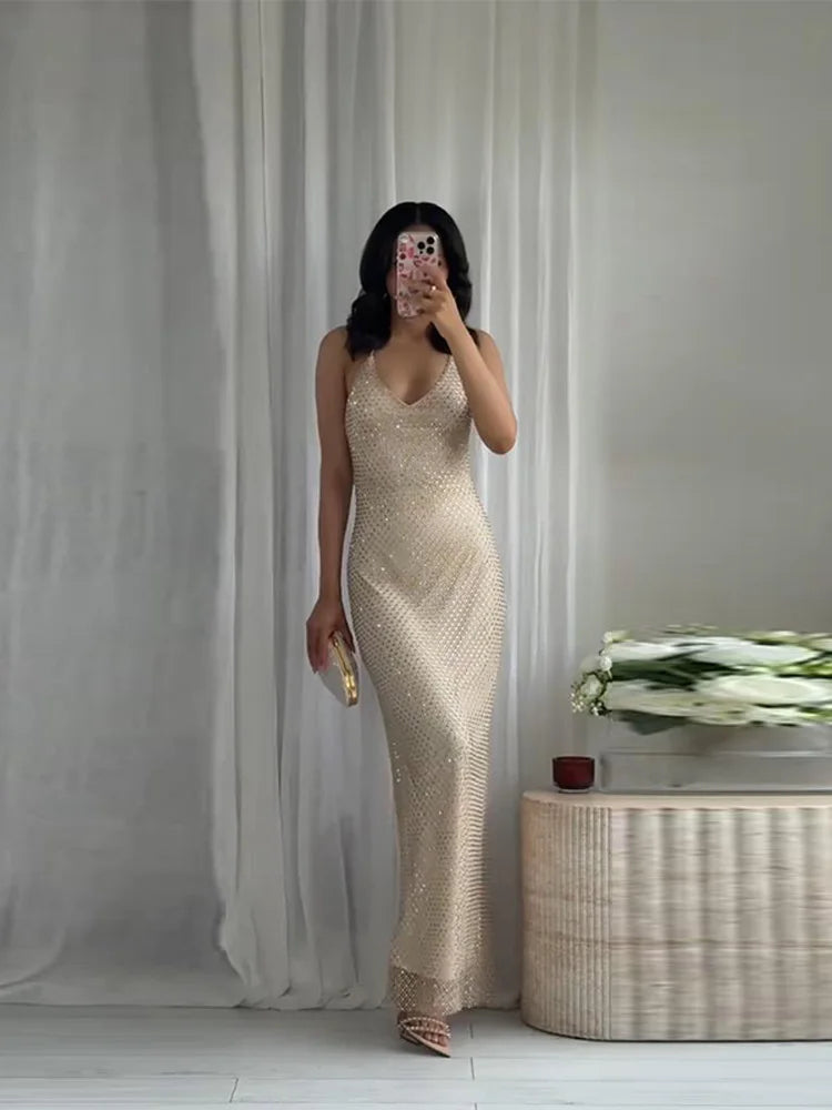 Sexy Diamond Halter Dress Women Shinny Sleeveless Backless V-neck Slim A-line Dresses Female 2026 Spring Summer Party Lady Robes