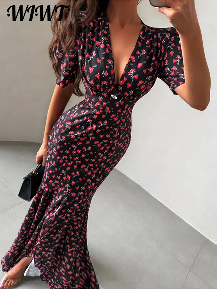 Slim Printed Waist-cinching Fishtail Dress 2026 Summer New Ladies Sexy V-neck Short Sleeve Split Long Robes Women's Party Gowns