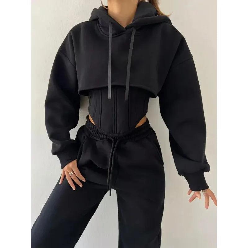 Y2K Sexy Sportswear Women's 3 Piece Set Long Sleeved Hooded Cardigan+slim Fit Strapless Vest+straight Leg Wide Pants