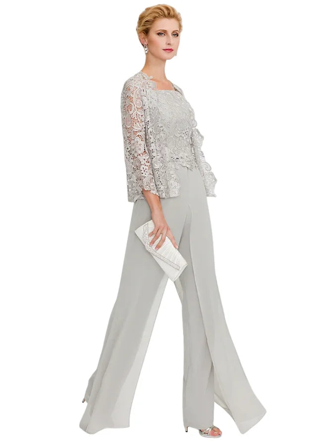 Jumpsuit Pantsuit 3 Piece Floor Length Sleeveless Square Neck Elegant Formal Wedding Guest Chiffon Mother of the Bride Dress
